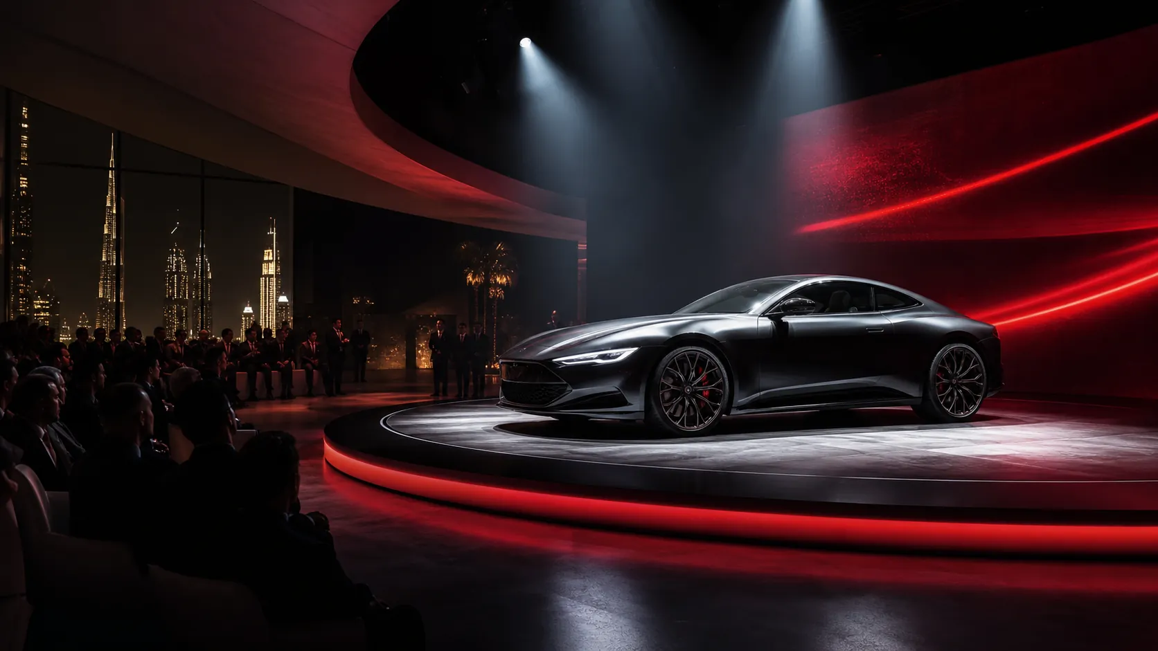 Luxury car launch on a dramatic Dubai reveal stage
