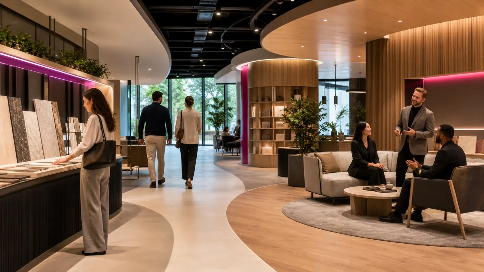 Visitors exploring a warm, human-centered custom commercial interior