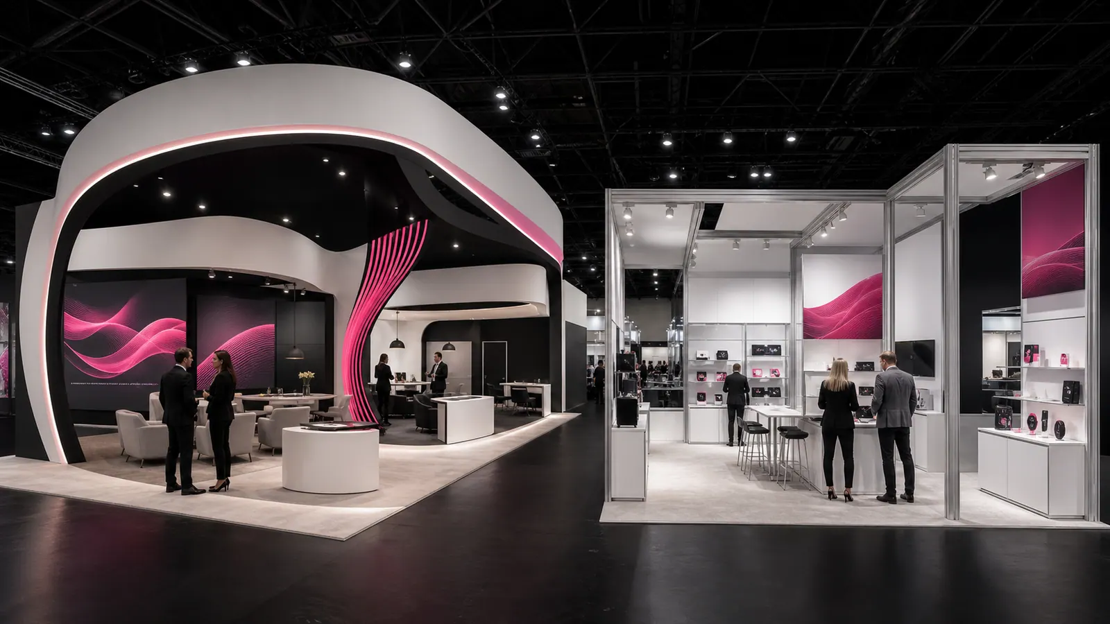 Custom and modular exhibition stands displayed side by side