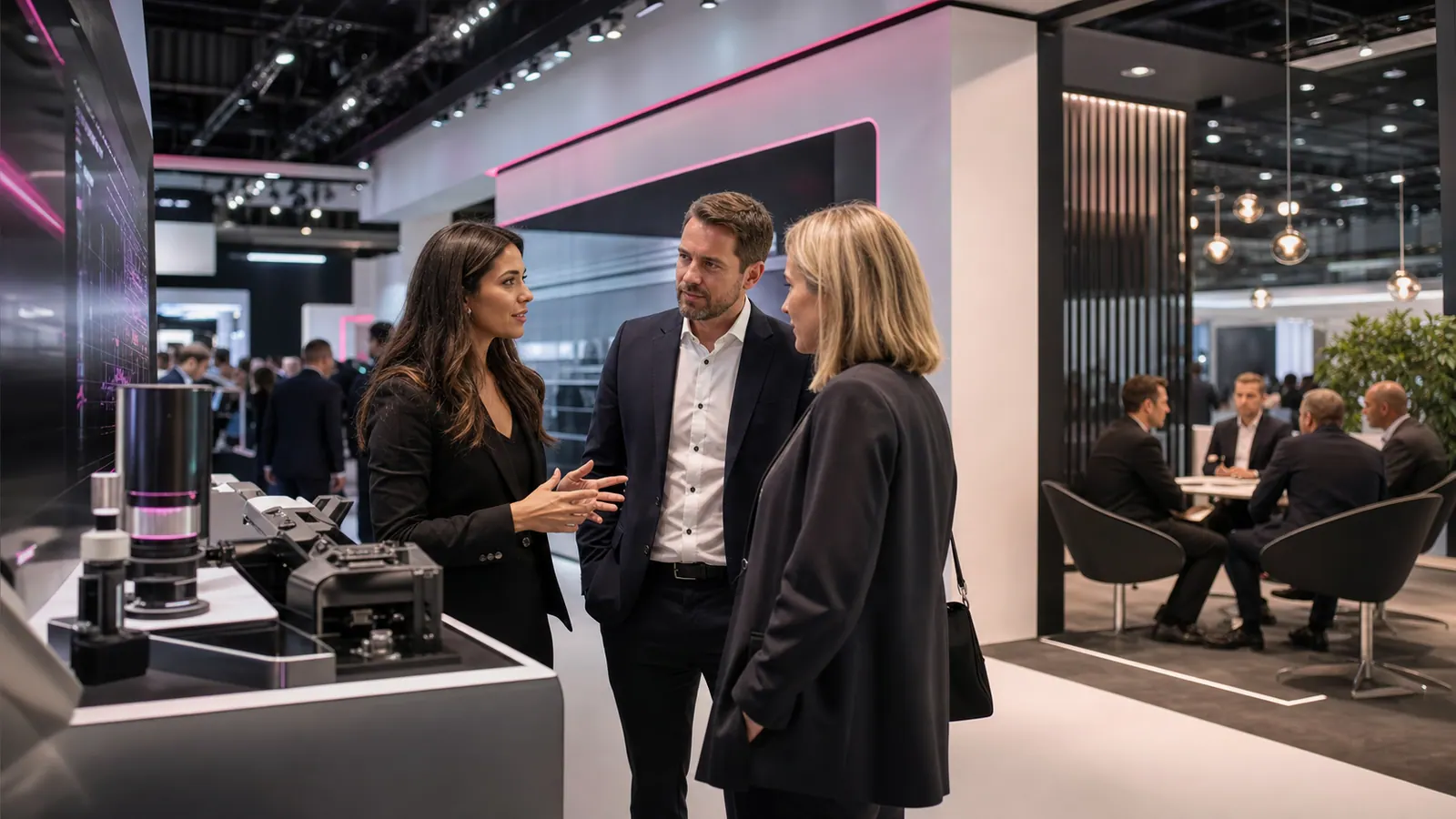 Business professionals discussing solutions at a modern exhibition stand