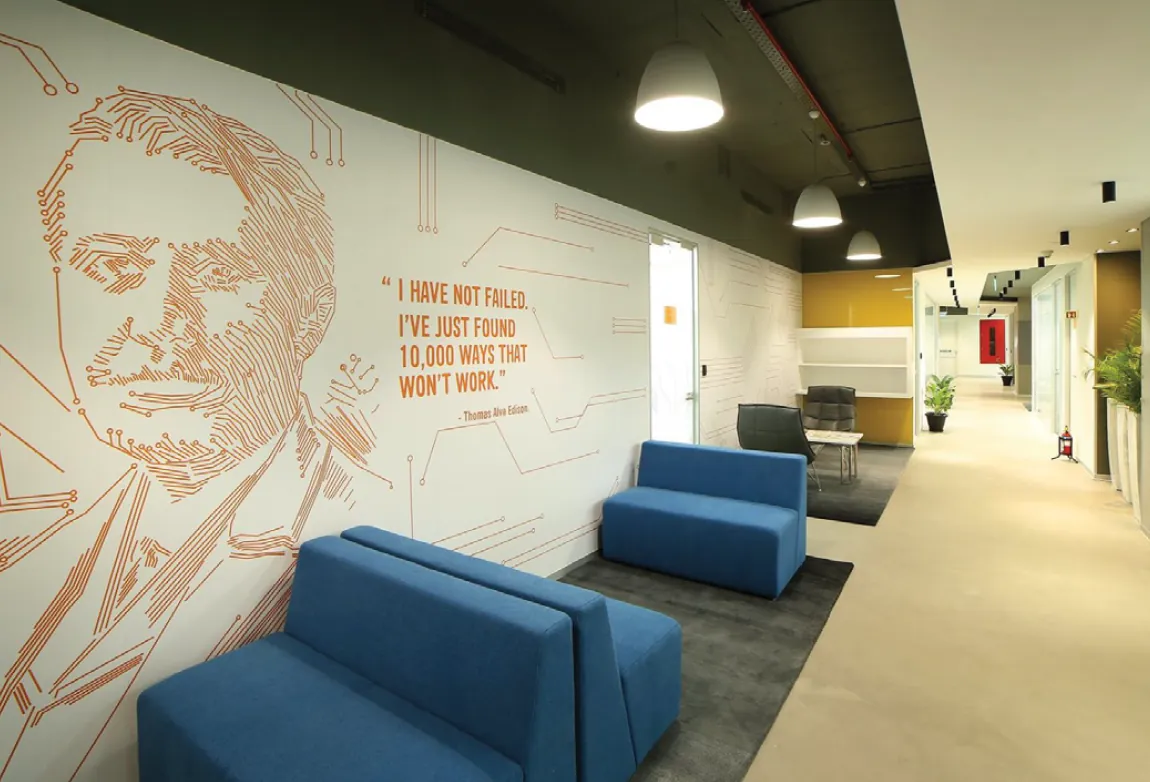 Office collaboration corridor with graphic wall