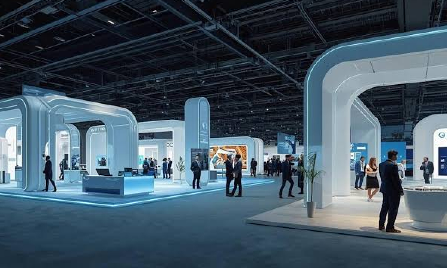 Business professionals discussing solutions at a modern exhibition stand